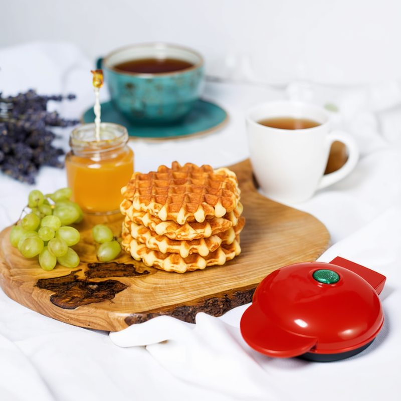 Mini Waffle Maker – Portable Electric Round Waffle Grill Machine for Pancakes, Cookies, Eggs, Paninis & Hash Browns (Red Color- 350W)