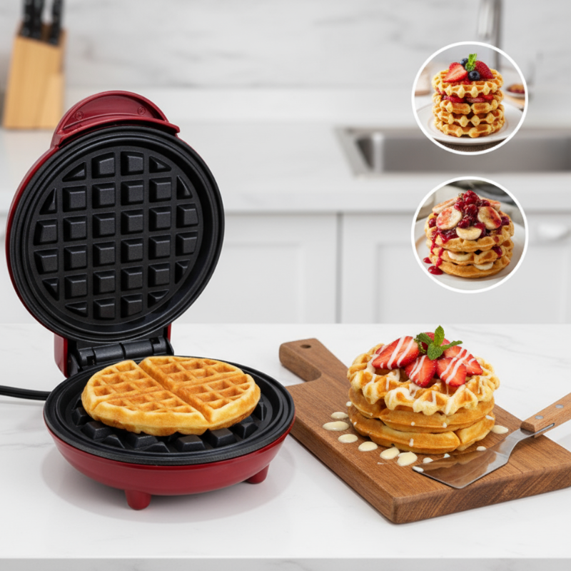 Mini Waffle Maker – Portable Electric Round Waffle Grill Machine for Pancakes, Cookies, Eggs, Paninis & Hash Browns (Red Color- 350W)